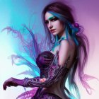 Fantasy art of pale-skinned female with dark eyes and purple tentacle-like appendages