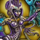 Colorful digital artwork: stylized female character in ornate armor and headdress with scepter on