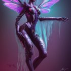 Iridescent-winged fantasy figure in misty purple environment with orbs and rain