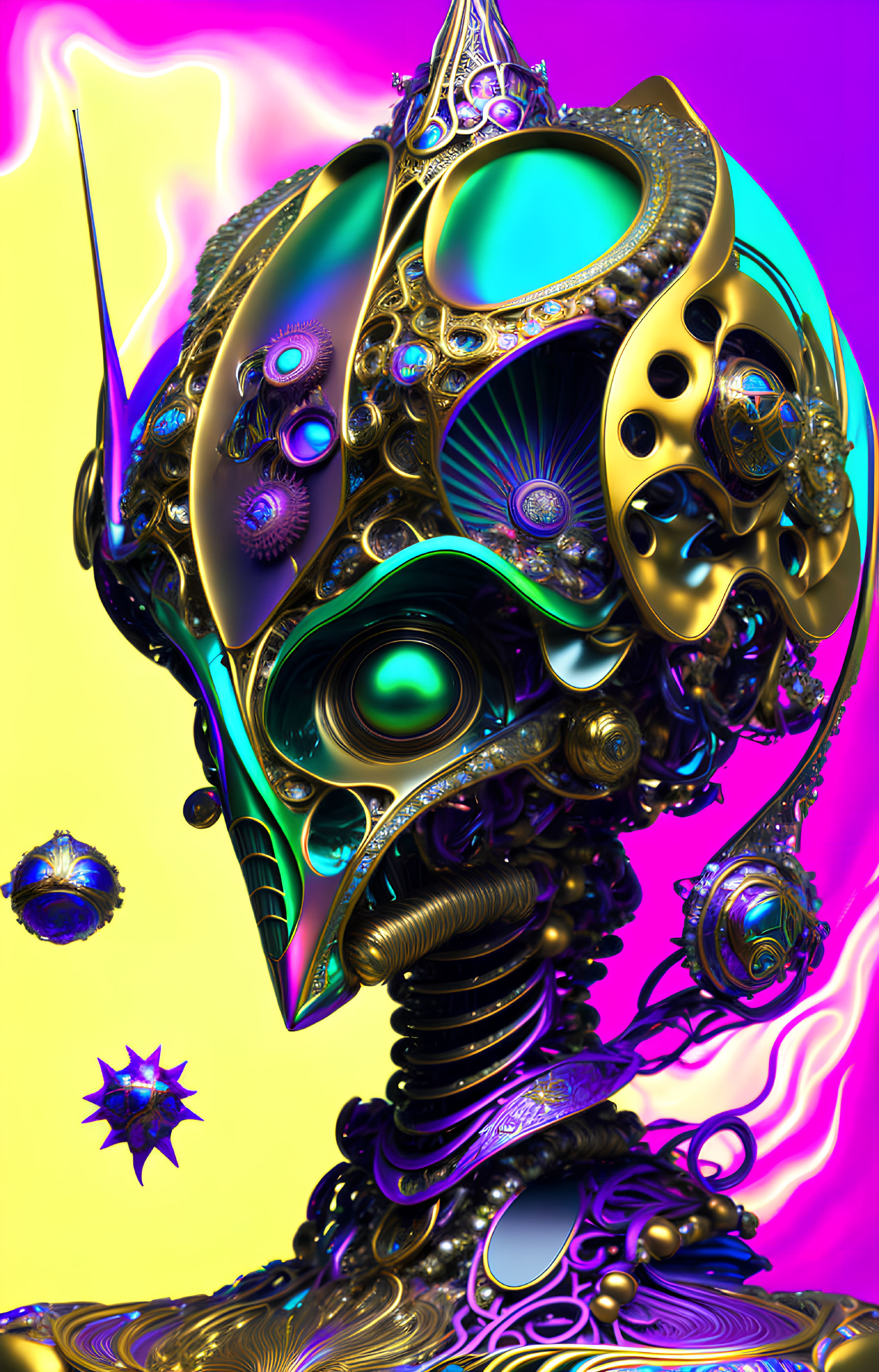 Colorful digital artwork of alien-like robotic head on psychedelic background
