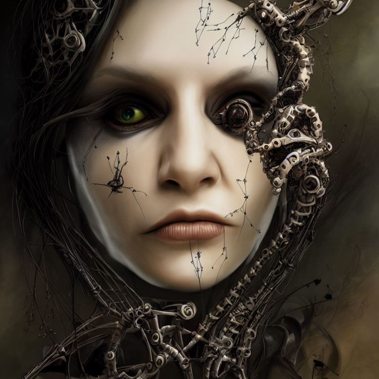 Female figure with mechanical parts and spider webs in digital artwork