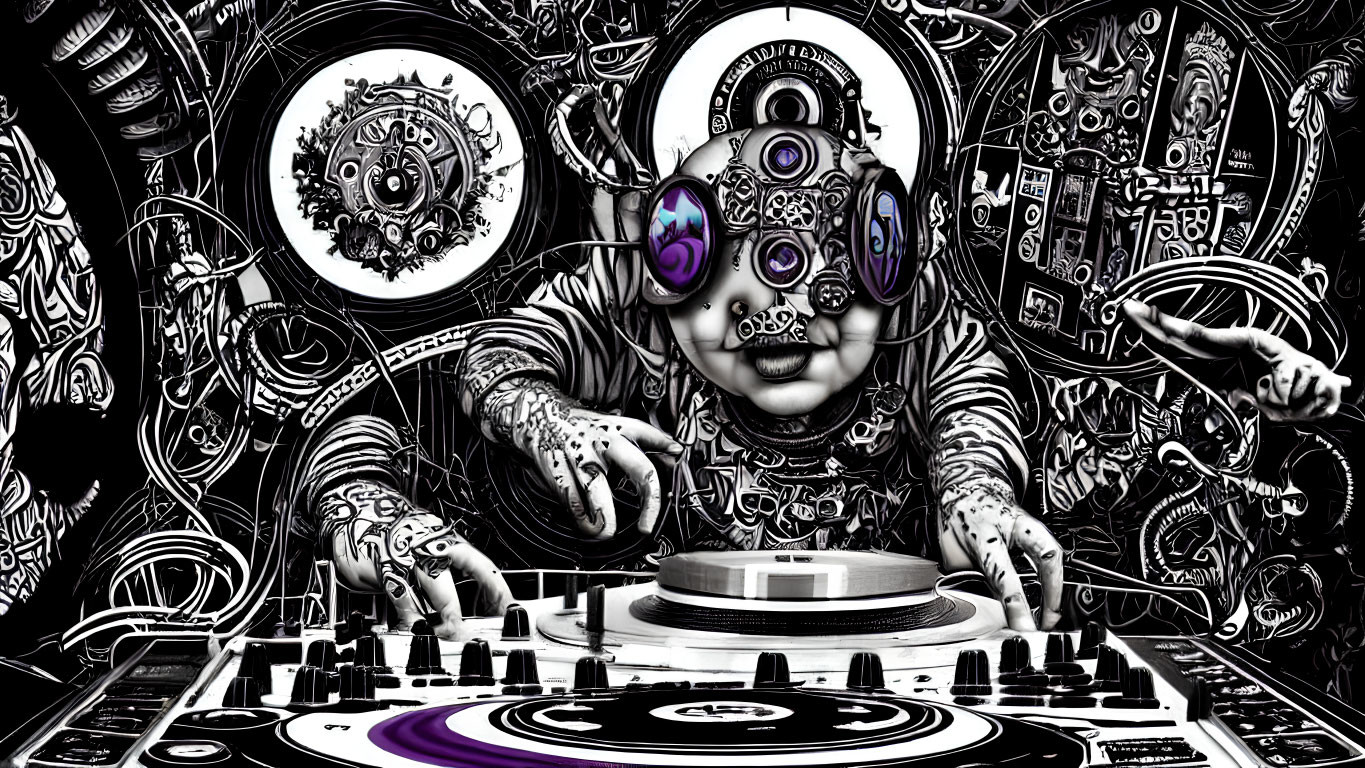Monochrome Baby with DJ Equipment and Purple Headphones surrounded by Patterns