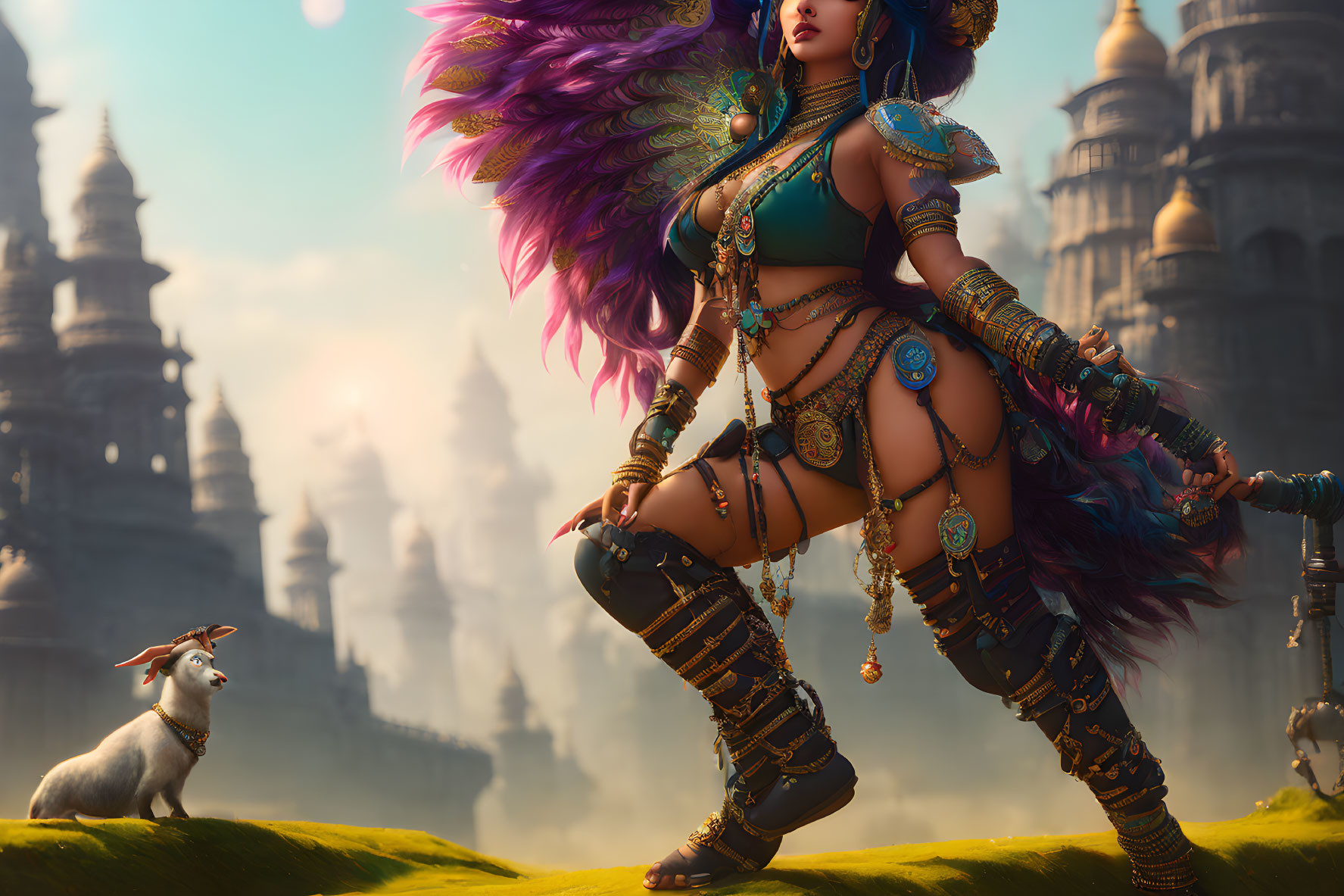 Fantasy warrior woman with intricate armor and feathers in digital artwork
