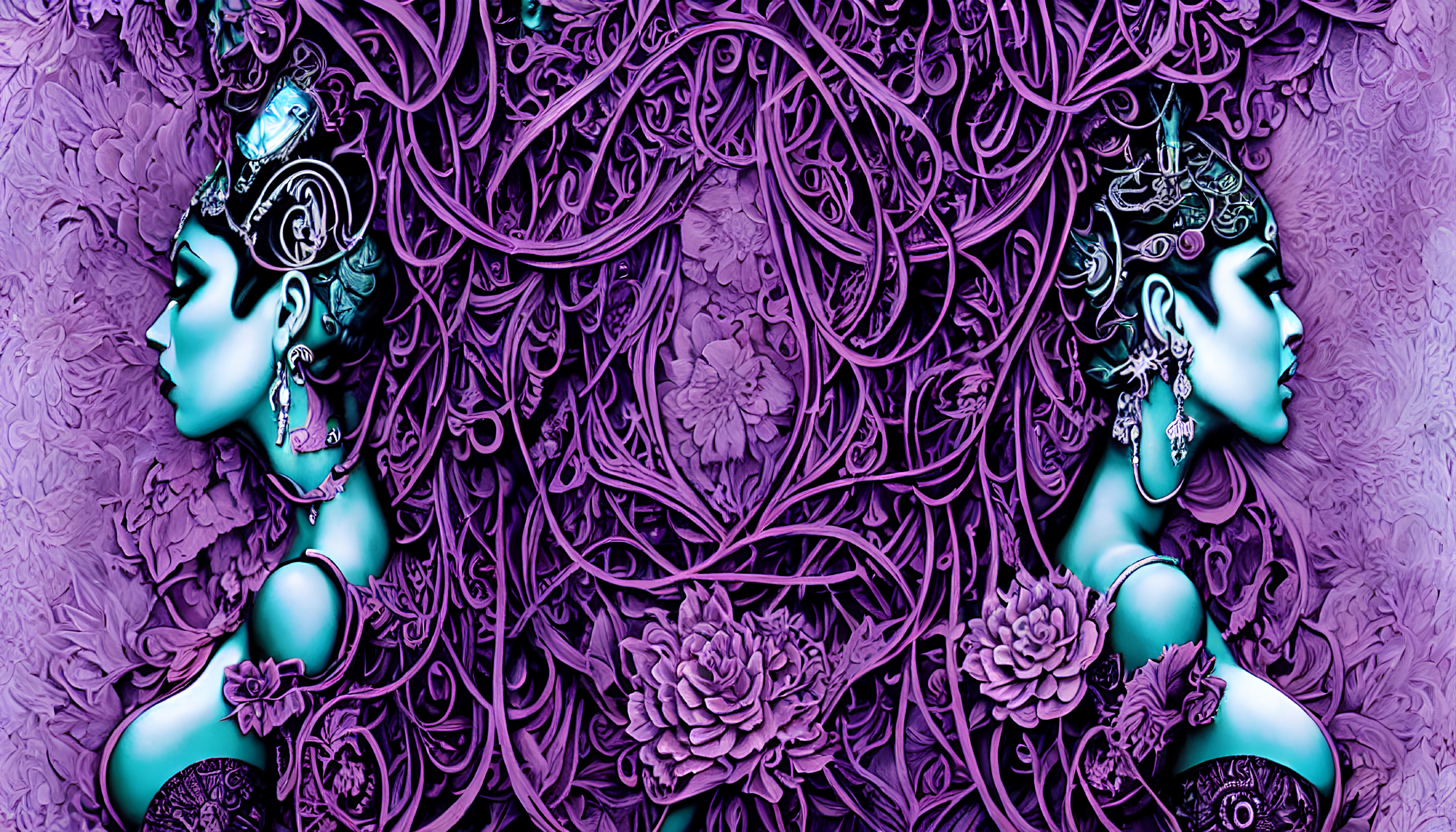 Symmetrical Stylized Female Figures with Ornate Headdresses on Purple Background