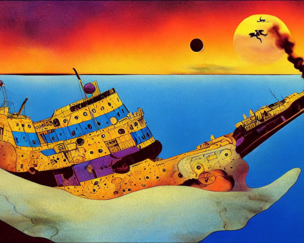 Surreal desert landscape with sinking ships, witch silhouette, and twilight sky