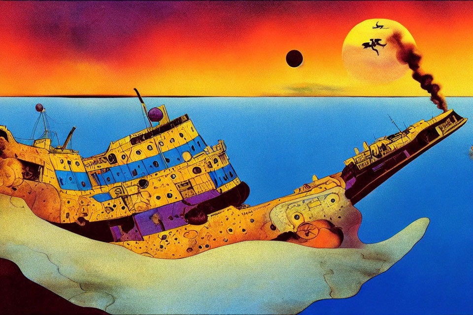 Surreal desert landscape with sinking ships, witch silhouette, and twilight sky