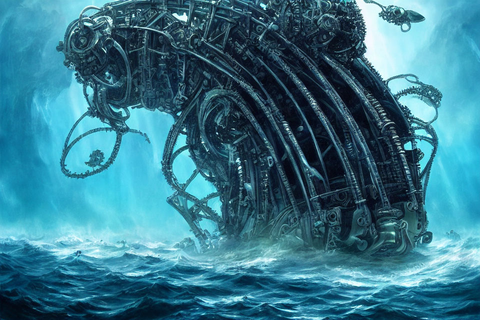 Gigantic mechanical sea monster with intricate gears and pipes emerges with smaller robotic creatures.