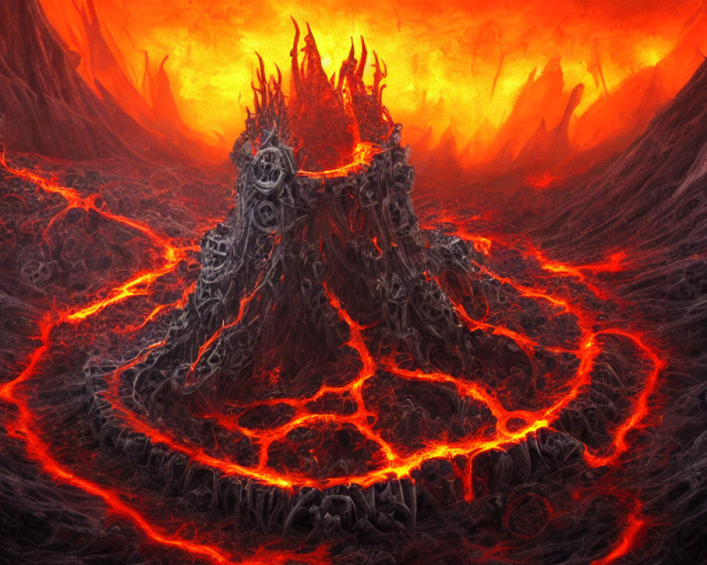 Fiery landscape with lava streams and menacing mountain under red sky