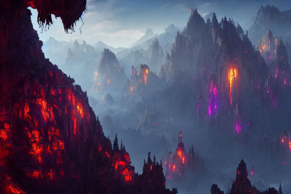 Panoramic view of glowing volcanic landscape with luminous lava