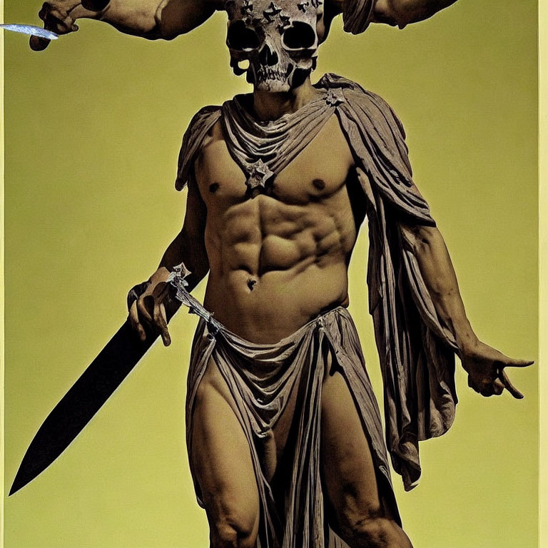 Muscular figure with skull head holding sword on yellow background