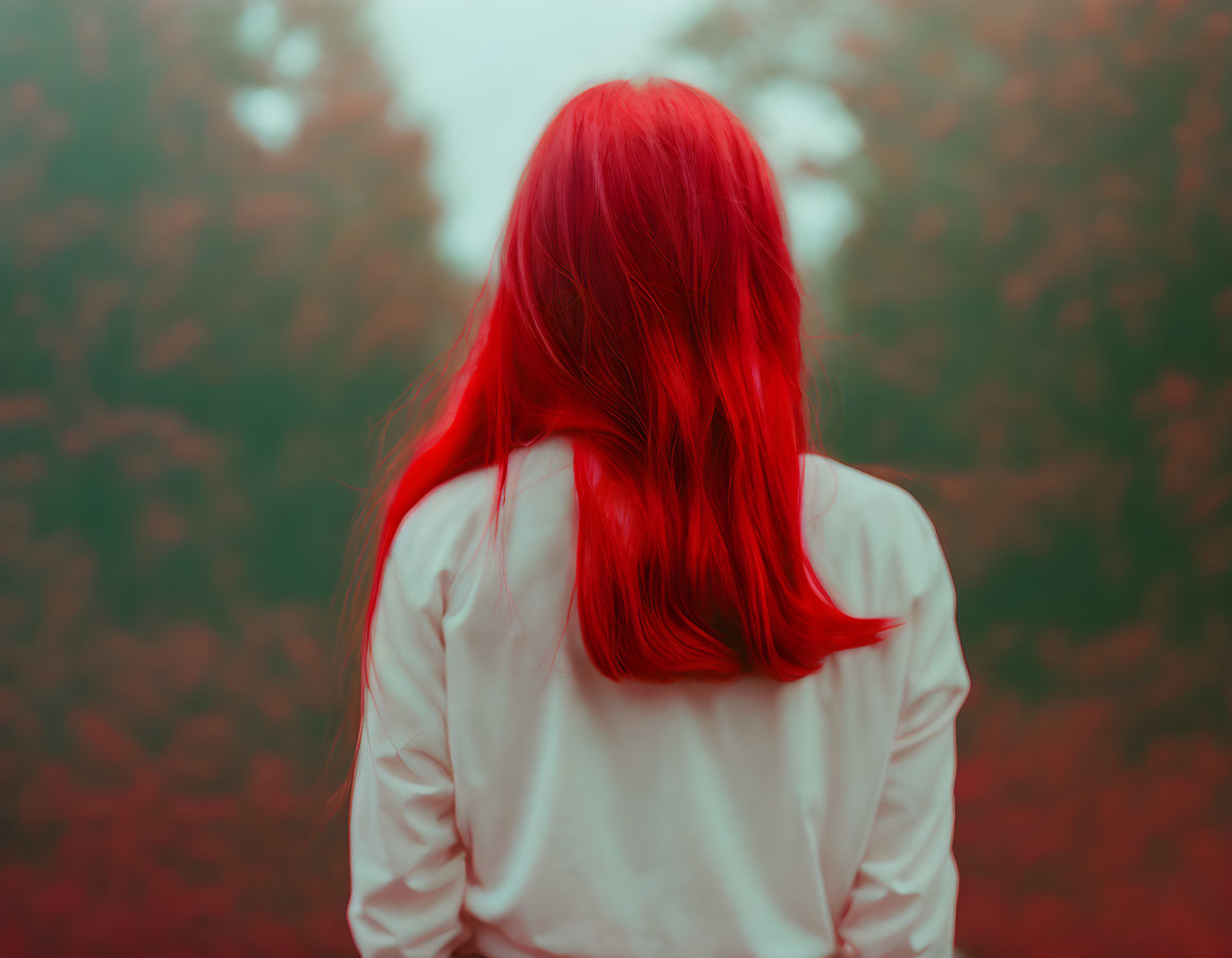 Red-haired person in white shirt standing in misty autumn forest.