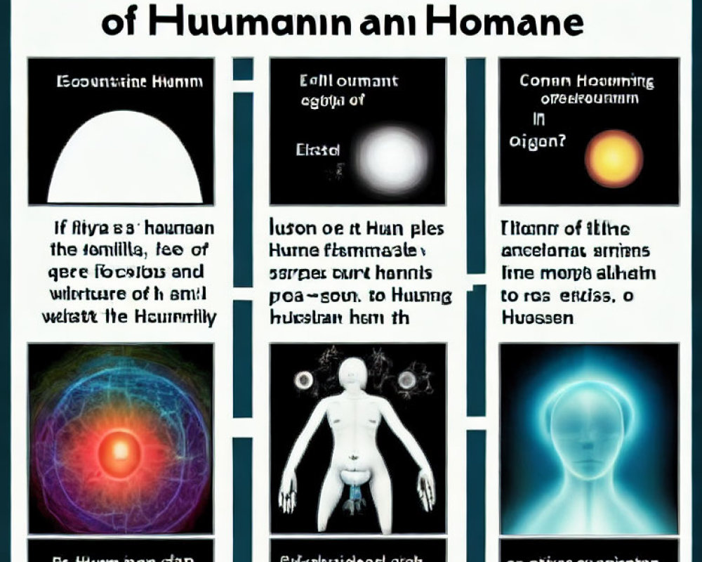 Illustrated human evolution stages in three sections with descriptive text and icons