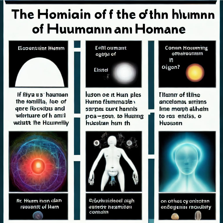 Illustrated human evolution stages in three sections with descriptive text and icons