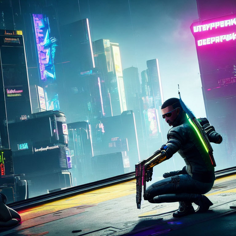 Futuristic character with glowing weapon in neon-lit cyberpunk cityscape