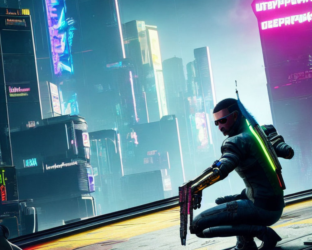 Futuristic character with glowing weapon in neon-lit cyberpunk cityscape