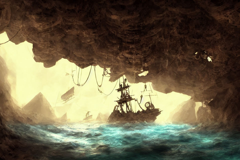 Mysterious sailing ship in dimly lit cave with jagged rocks