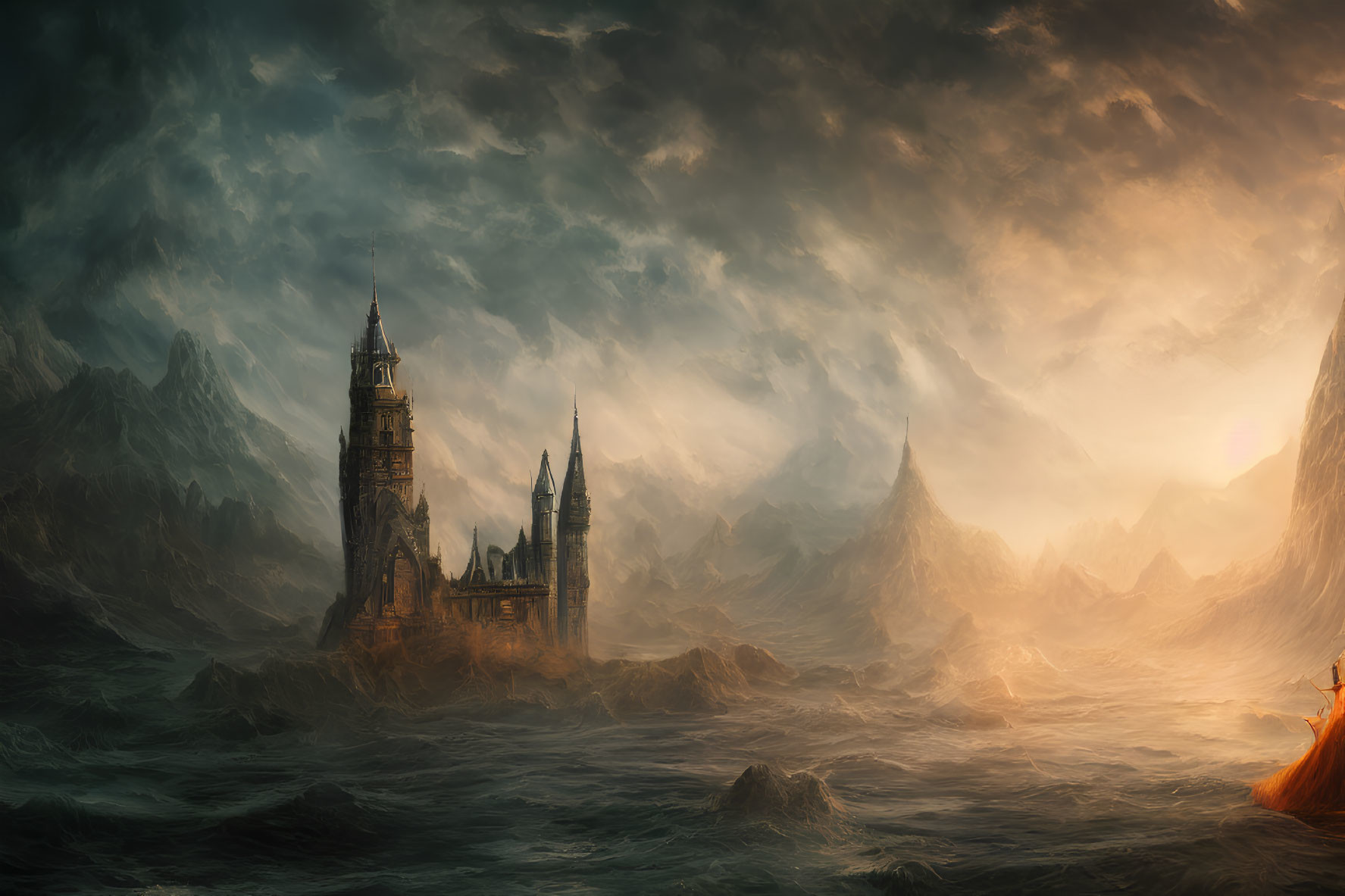 Detailed Fantasy Landscape: Dark Sky, Rough Sea, Castle on Rocky Outcrop at Sunset