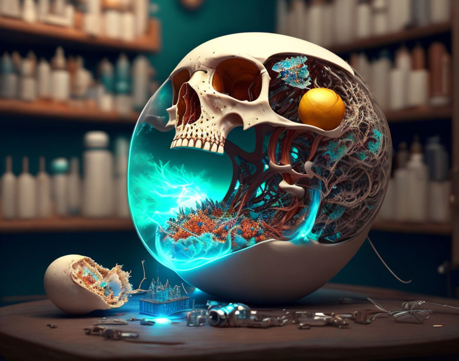 Skull cross-section with tree, lemon, and corals in transparent sphere