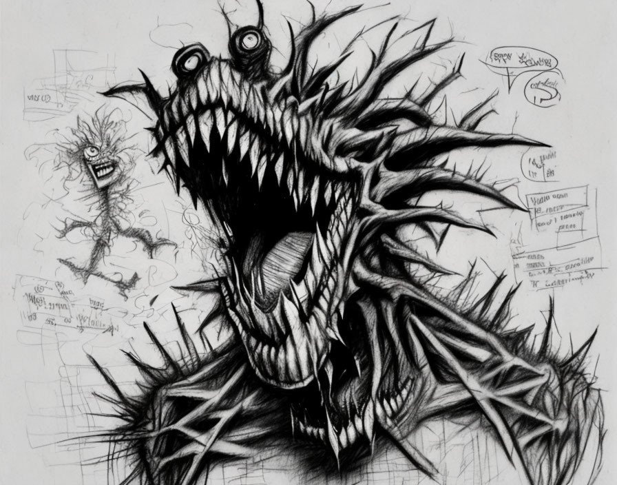 Detailed Sketch of Monstrous Creature with Sharp Teeth and Spiky Textures