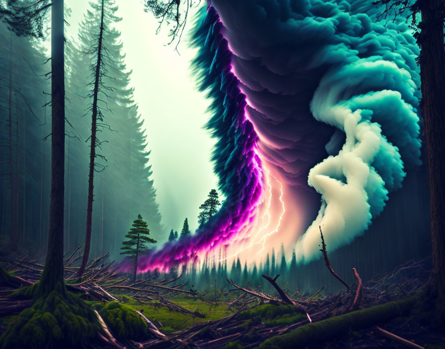 Surreal forest scene with vibrant blue clouds and purple lightning