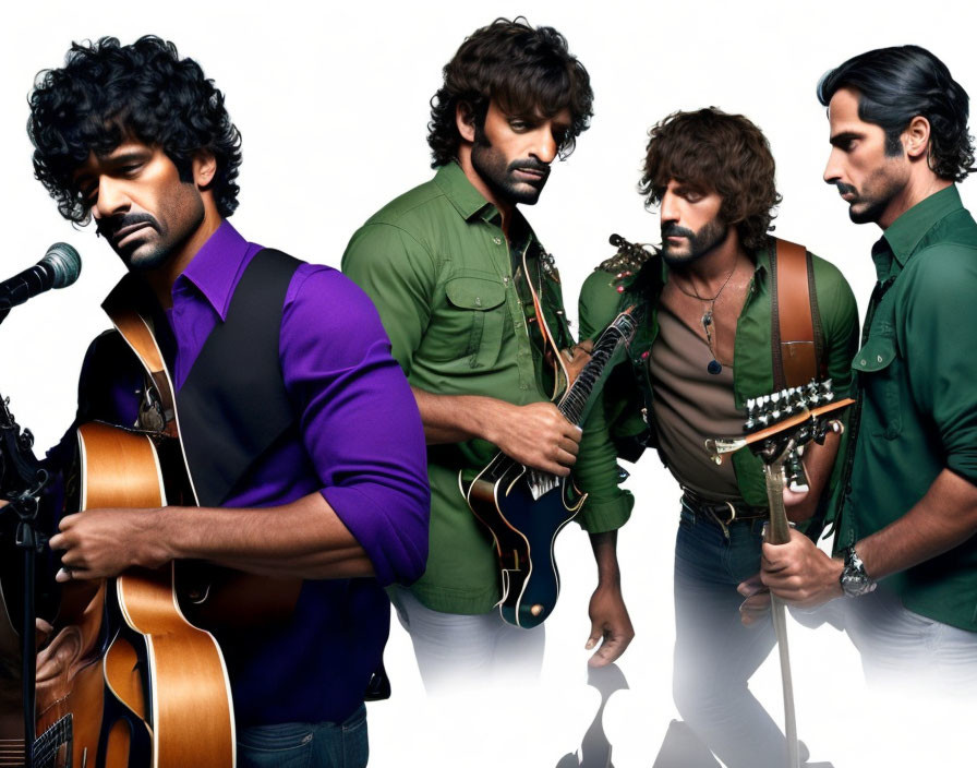 Four men posing as band members with microphones and guitars on white backdrop