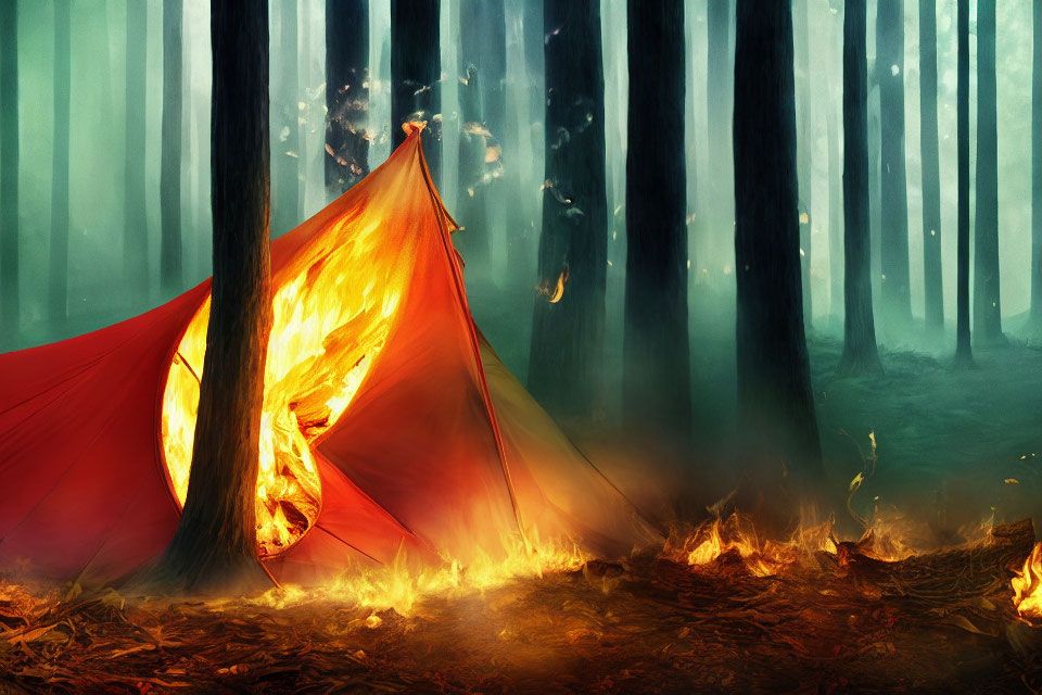 Red tent engulfed in flames amid forest fire with rising embers and misty trees