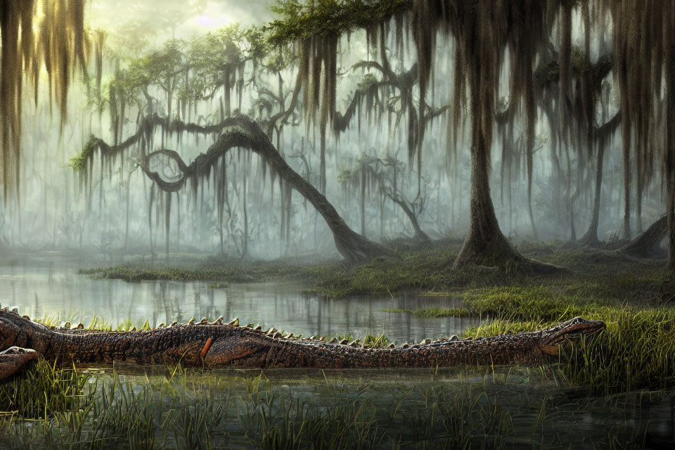 Tranquil swamp scene with lush greenery and resting alligator