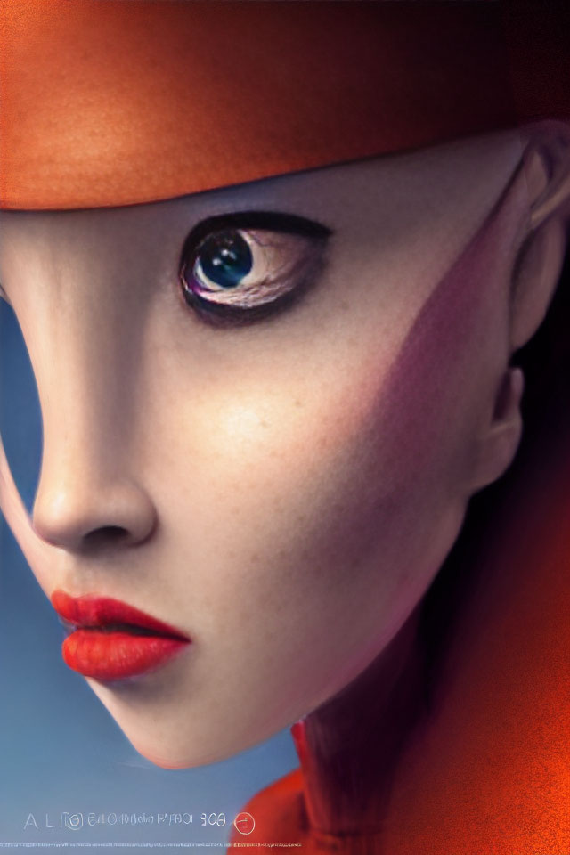 Person with artistic makeup and orange hat featuring surreal eye and red lips