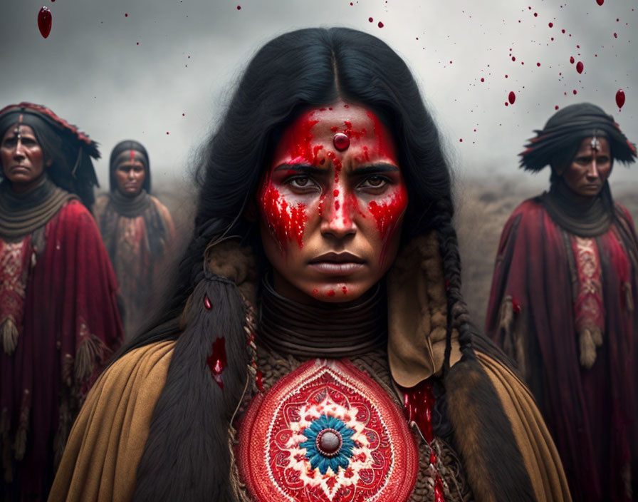 Tribal attire group with woman in striking face paint