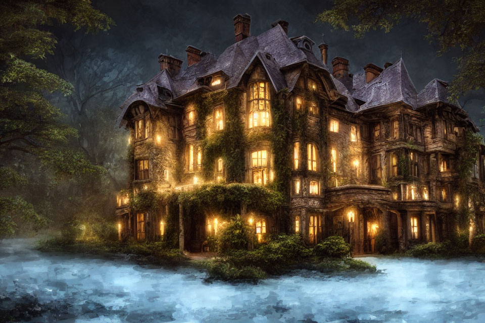 Victorian mansion in misty twilight near dark forest