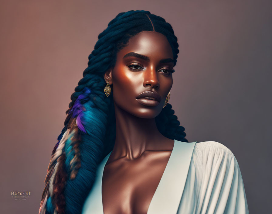 Portrait of woman with blue braided hair and striking makeup in white outfit on warm background