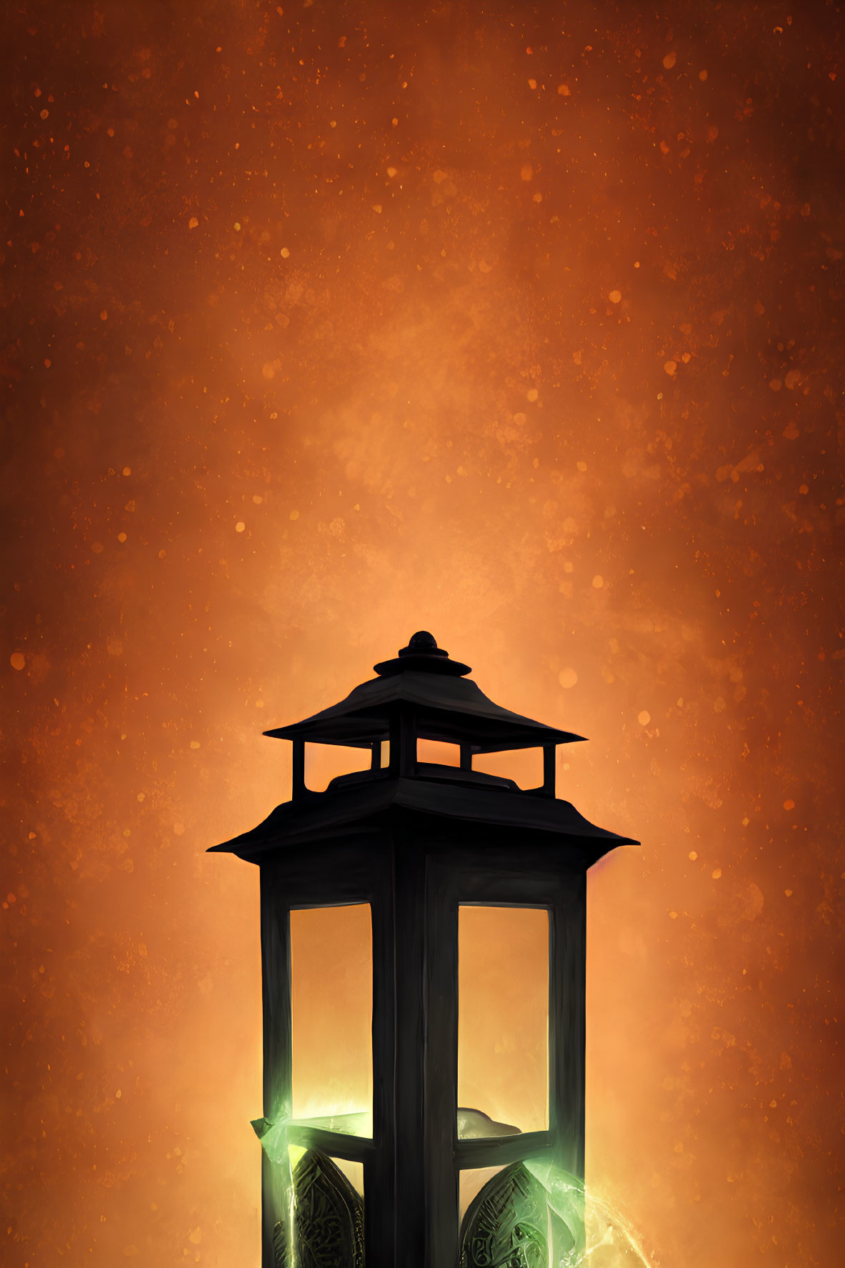 Illustration of classic lantern on orange starry background emitting green light