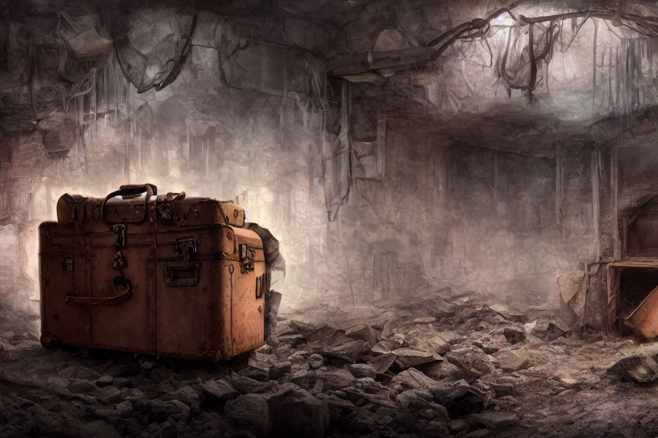 Weathered suitcase in dimly lit cave with stalactites and rocks