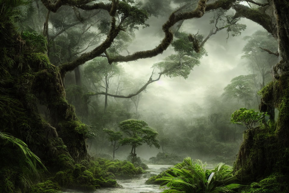 Lush Green Rainforest with Serene River and Moss-Covered Trees