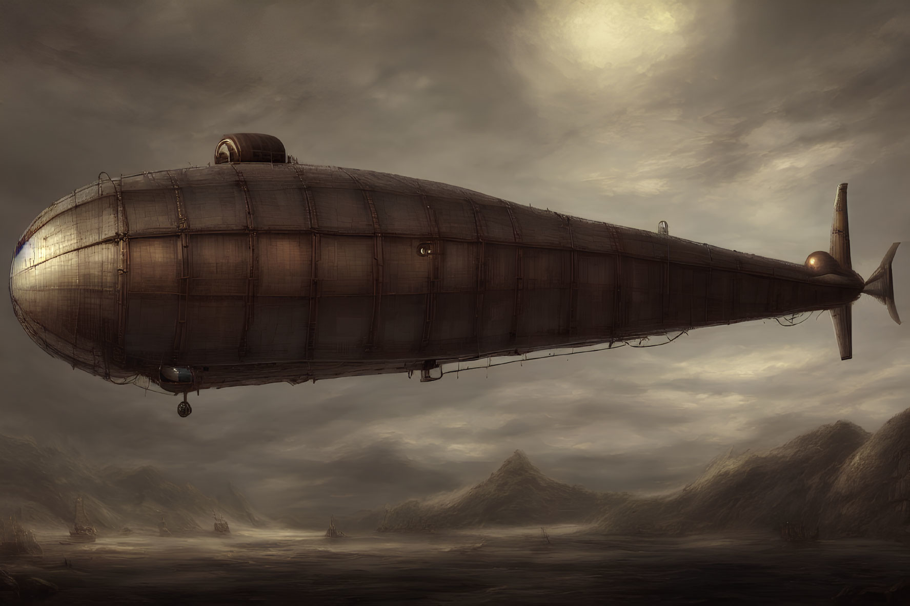 Steampunk-style airship with elongated balloon in sepia-toned sky above mountainous landscape