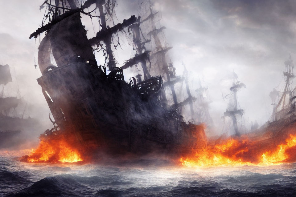 Ghostly fleet of ships with tattered sails in mist and flames emerging from tempestuous sea