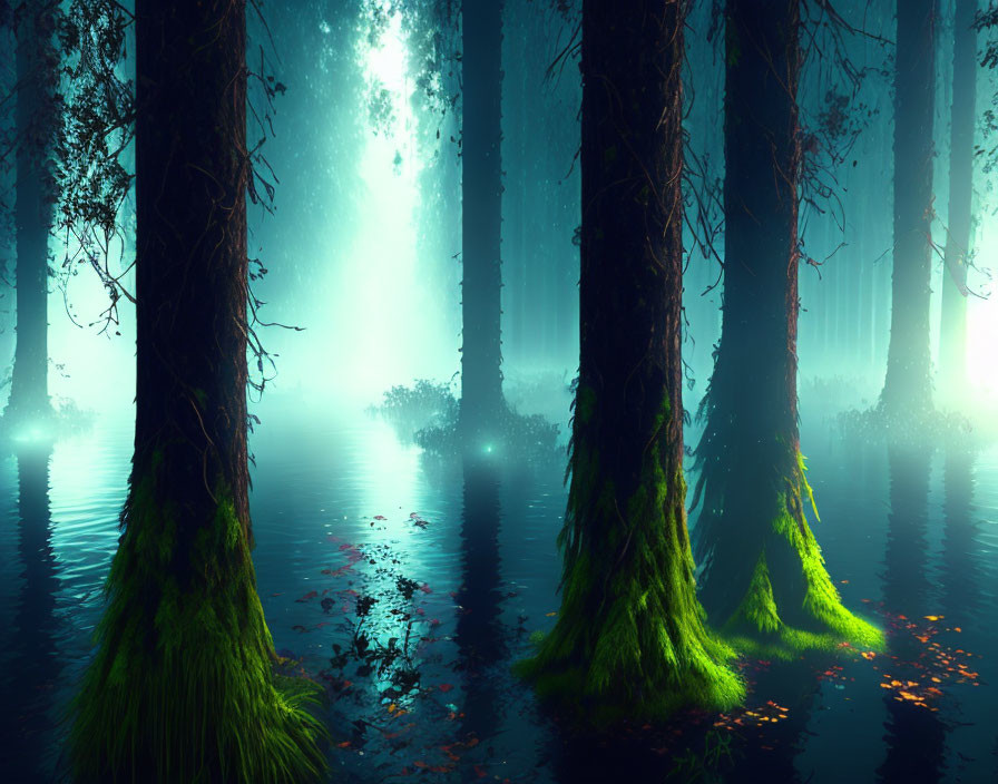 Mystical forest scene with submerged trees in water under hazy blue light