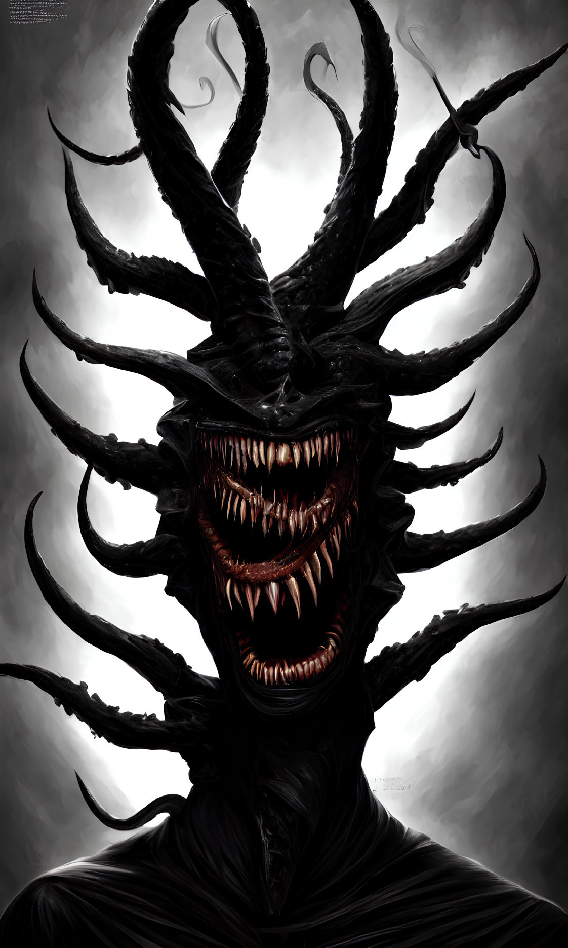 Sinister figure with tentacles and menacing grin on gloomy background