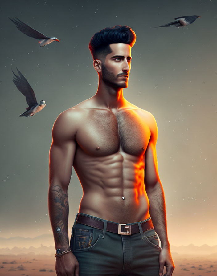 Digital art of shirtless man with tattoos in fiery glow, desert landscape.