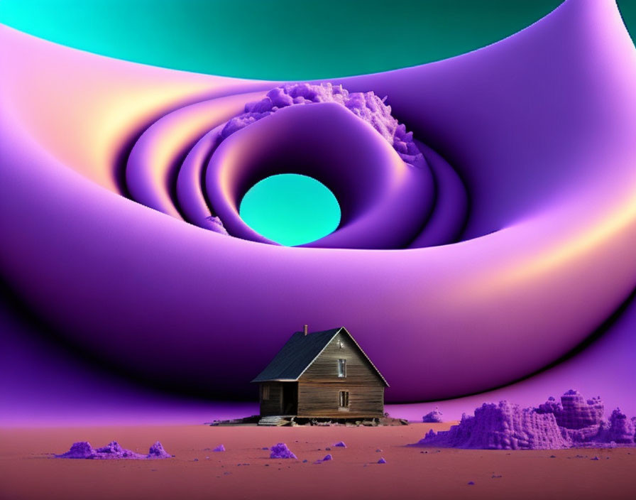 Solitary Wooden House on Desert Terrain with Surreal Sky