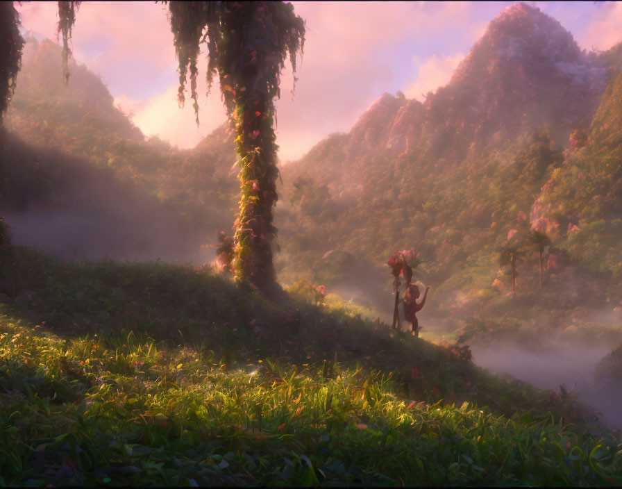 Mystical landscape with lush greenery, misty mountains, and fantasy creature in soft sunlight.