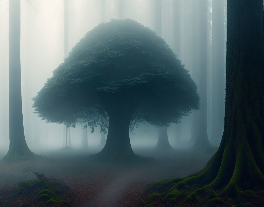 Mushroom-shaped tree in foggy forest with filtered light