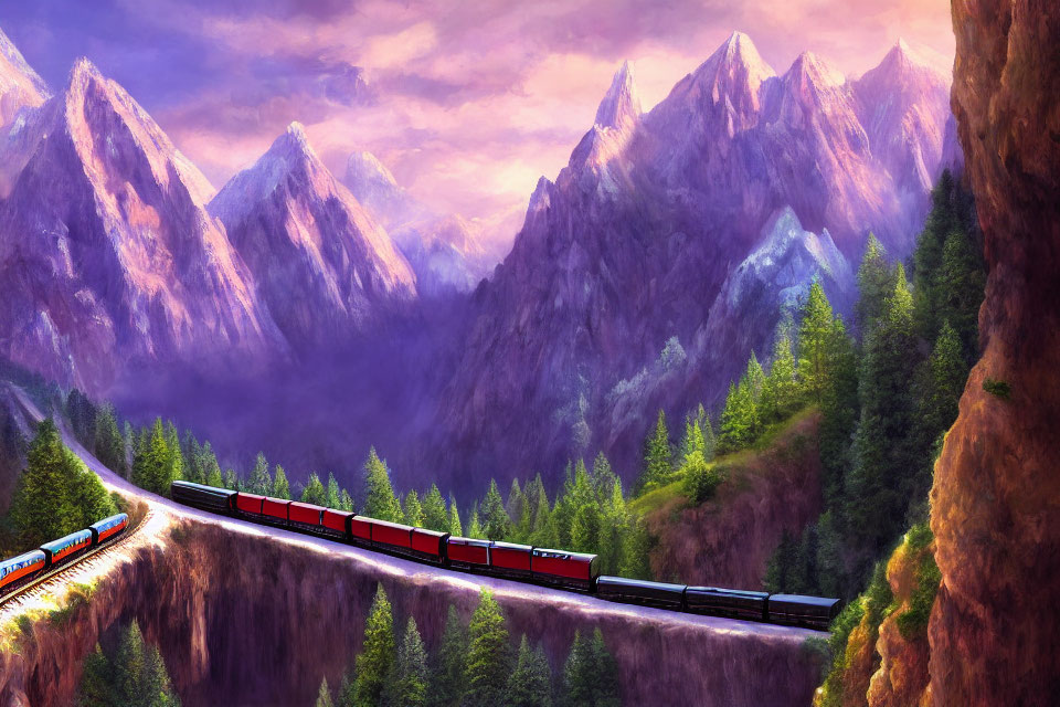 Colorful train traveling through mountainous landscape at sunset