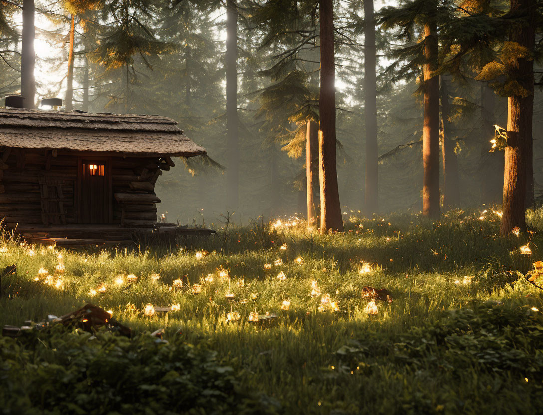 Rustic wooden cabin in sunlit forest clearing