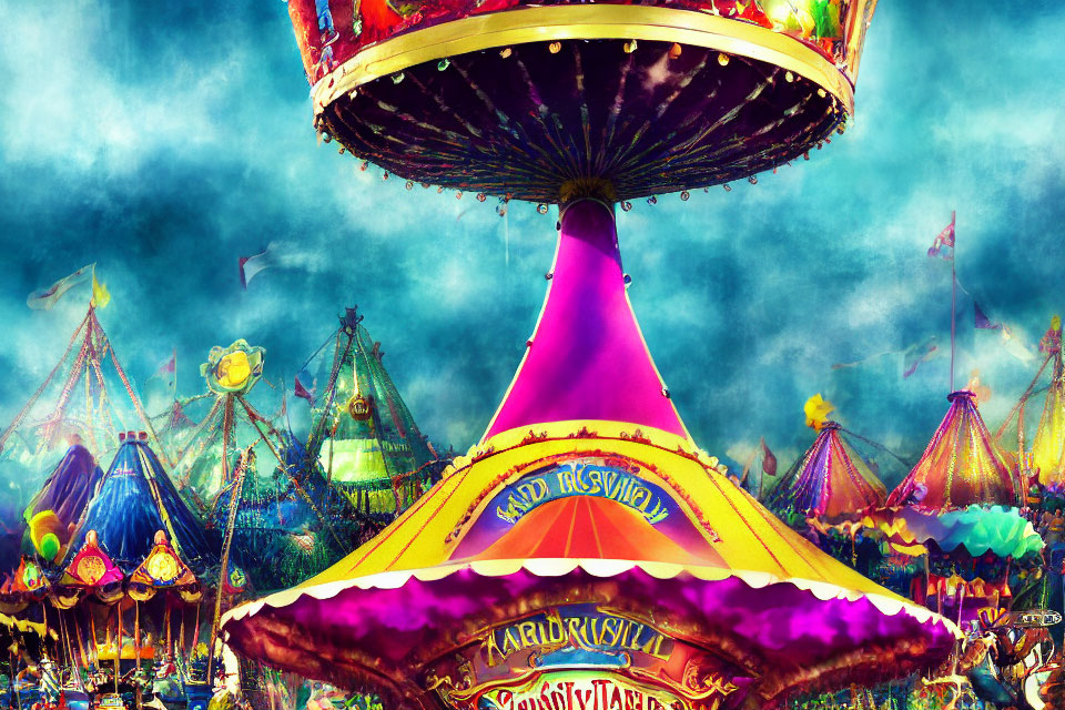 Colorful Amusement Park Scene with Carousel and Ferris Wheels