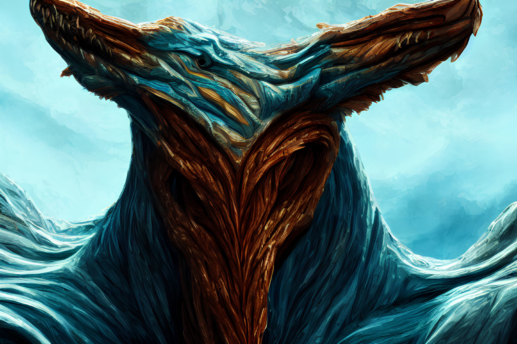 Abstract digital artwork: Majestic stag-like creature with tree-like antlers on aqua blue background