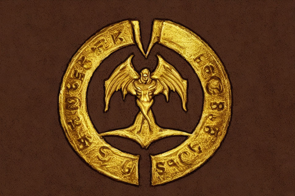 Golden Embossed Emblem of Muscular Figure with Wings on Brown Background