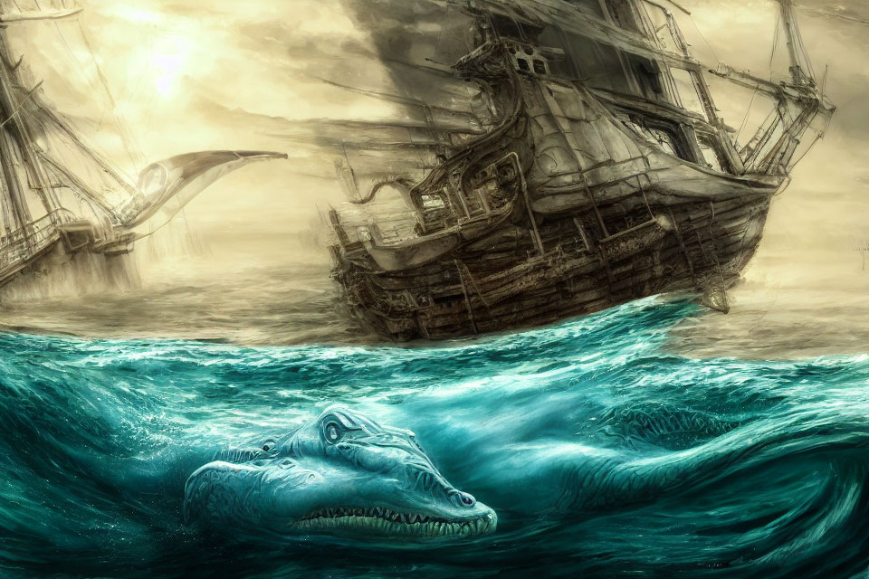 Ominous seascape with galleon and giant crocodile