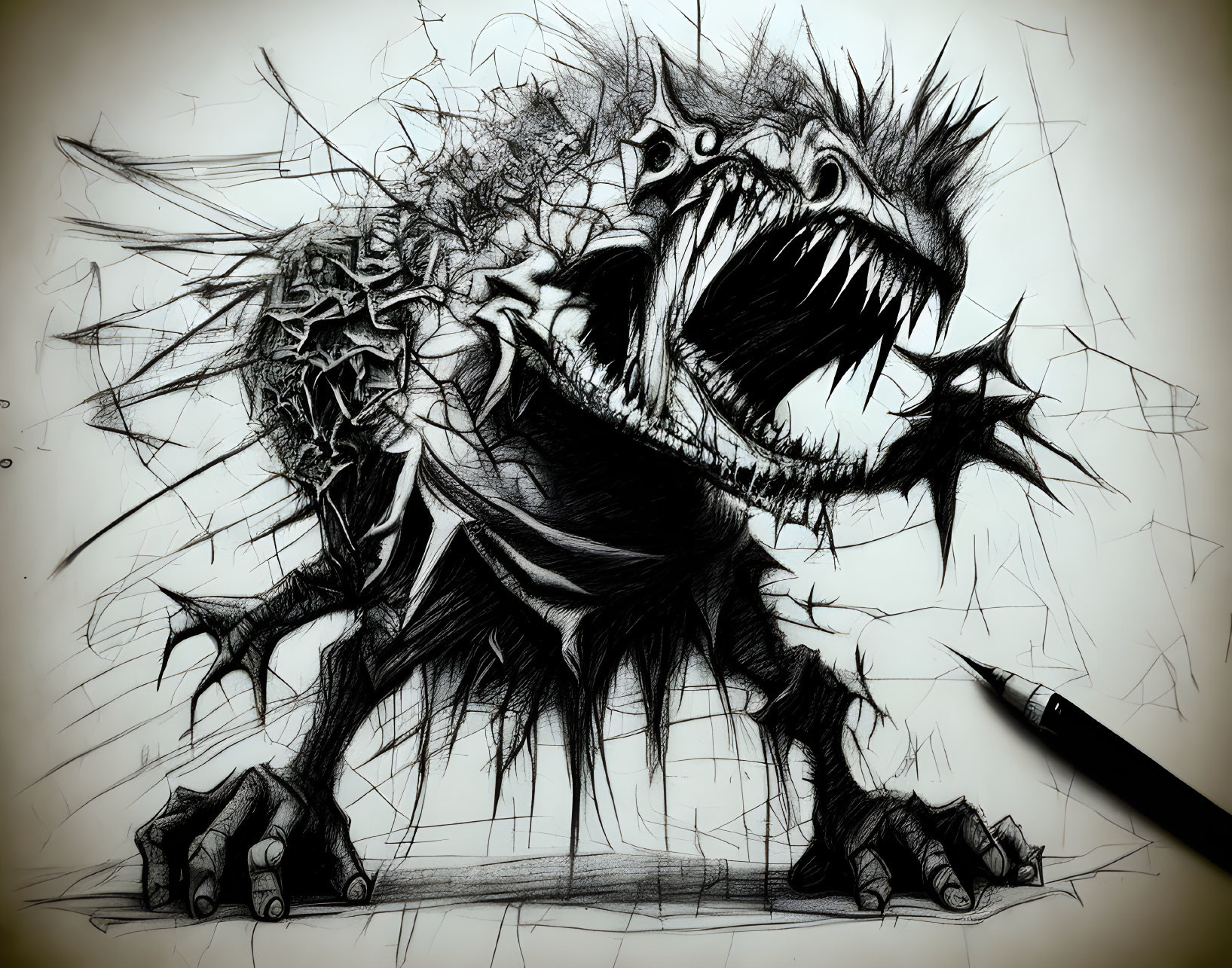 Detailed sketch of ferocious creature with large teeth and spikes in black and white