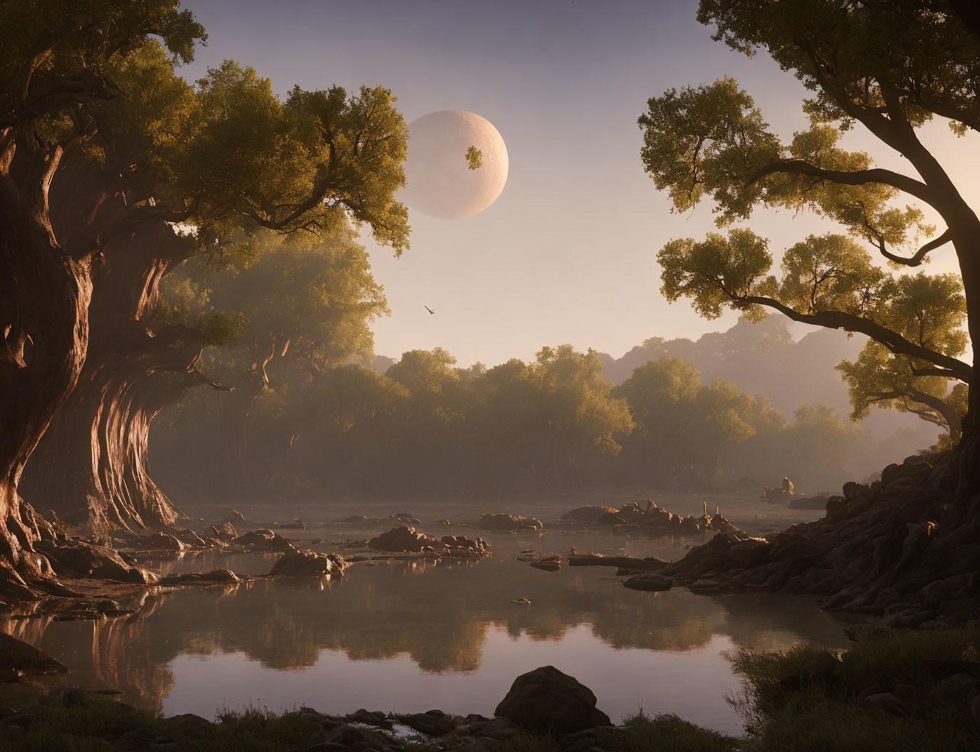 Tranquil landscape with large trees, river, partial eclipse, and wildlife under warm light